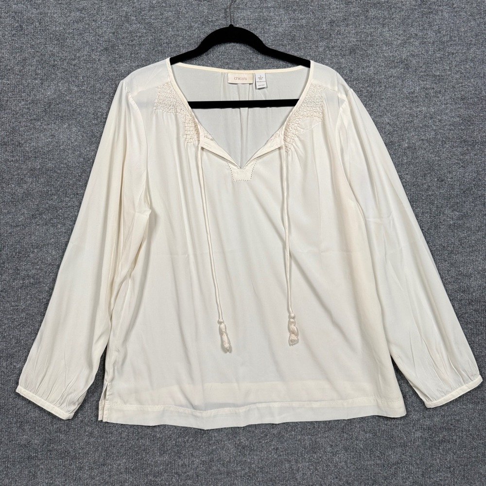 Chico's Size 3 US XL Tunic Top Blouse Cream Henley Sheer Tie Neck Long Sleeves